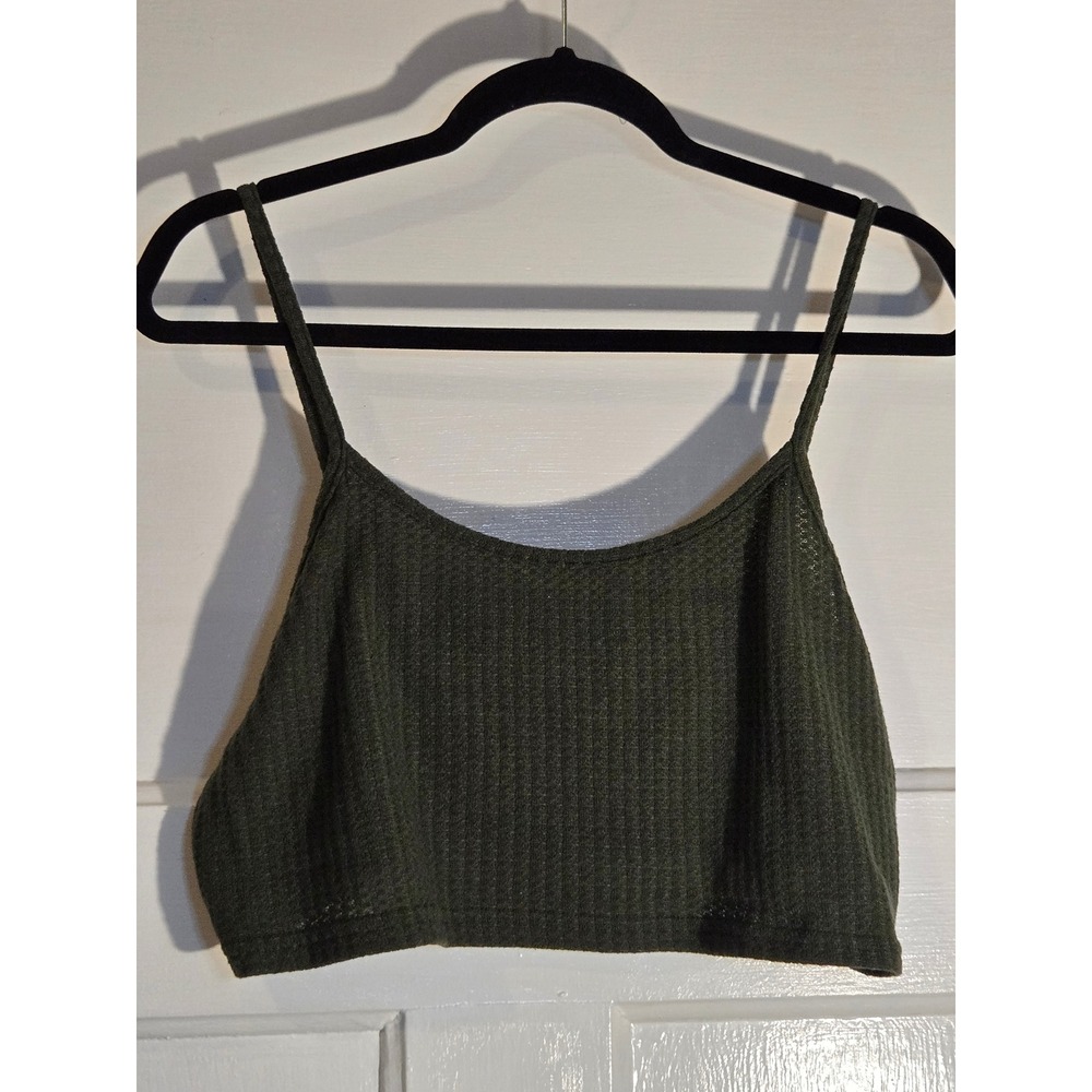 Olive Green Waffle Knit Crop Top Spaghetti Strap Scoop Neck Thermal Tank Womens